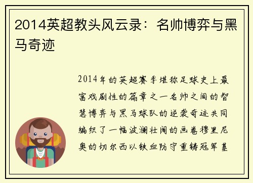 2014英超教头风云录：名帅博弈与黑马奇迹