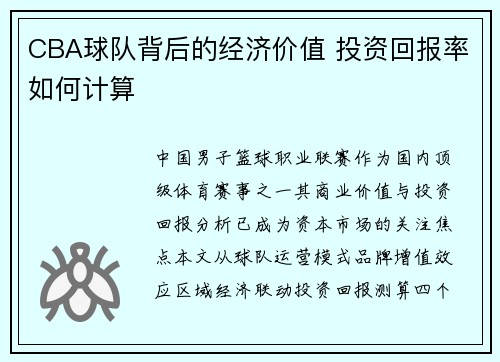 CBA球队背后的经济价值 投资回报率如何计算