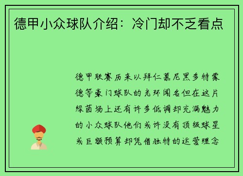德甲小众球队介绍：冷门却不乏看点