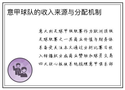 意甲球队的收入来源与分配机制