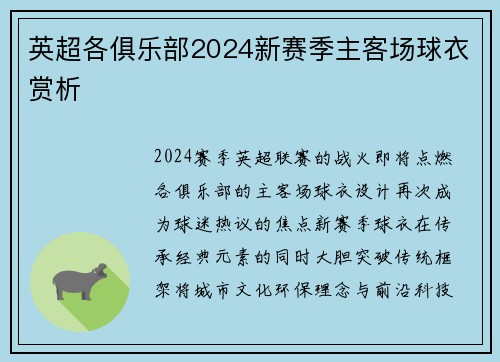 英超各俱乐部2024新赛季主客场球衣赏析